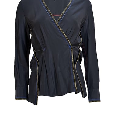Rag & Bone - Black Silk Tie Waist Blouse w/ Contrast Stitching Sz XS