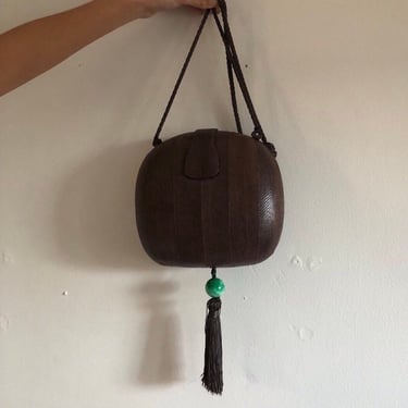 90s snakeskin tassel bag purse / vintage Rafael Sanchez snakeskin round hardcase crossbody shoulder purse bag 