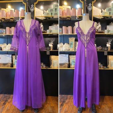 1970s peignoir set, vintage lingerie, Fredericks of Hollywood, purple chiffon, sheer robe, plunging nightgown, front slit, sexy lingerie, m 