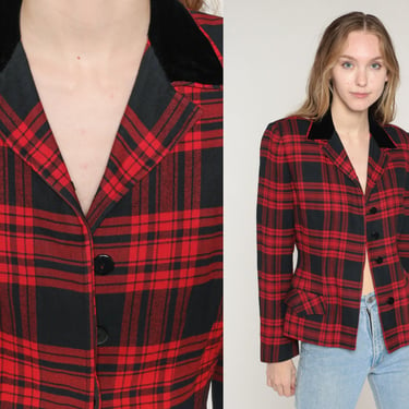 Red Plaid Blazer 70s Wool Button Jacket Retro Preppy Button up Jacket Tartan Notched Collar Checkered Collared Vintage 1970s Extra Small xs 