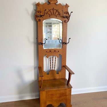 Victorian Antique Hall Tree With Mirror And Storage Bench