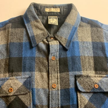 Vintage 80s  Blue, Black, Gray Wool Plaid  Shirt Size Large 