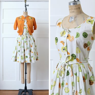 vintage 1950s fruit novelty print dress & matched cardigan • citrus orange and lime green Serbin cotton sundress 