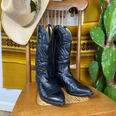 Vintage Black Leather Cowboy Boots 