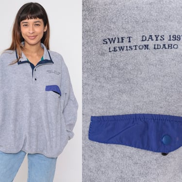 90s Fleece Jacket 1997 Swift Days Lewiston Idaho Snap Up Quarter Button Collared Grey Teddy Fuzzy Sweater Hiking Vintage 1990s Men's Large 