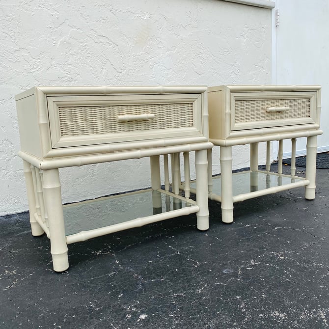 Vintage Bamboo & Rattan Nightstands FREE SHIPPING - Set of 2 American of Martinsville End Tables Pair Hollywood Regency Coastal Furniture 