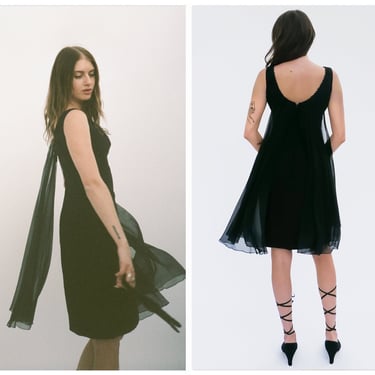 Vintage 1960s 60s Silk Chiffon Hourglass Cut Little Black Dress w/ Scooped Neckline, Tassel Fringe Detail, Glamorous Wing Detail 