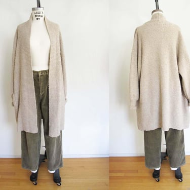 Vintage 80s Long Knit Cardigan Coat M L - Oatmeal Beige Boucle Knit Robe Cardigan - Cozy Textured Buttonless Cardigan 