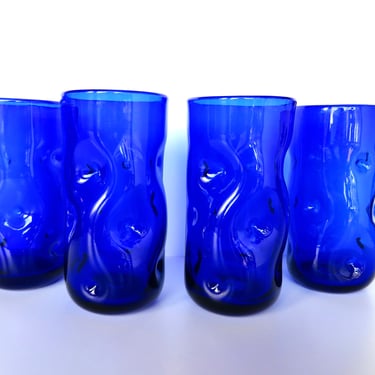 Set of 4 Blenko Pinched Dimple Glass Tumblers in Cobalt Blue, Vintage Mid Century Modern Blue Drinking Bar Glasses 