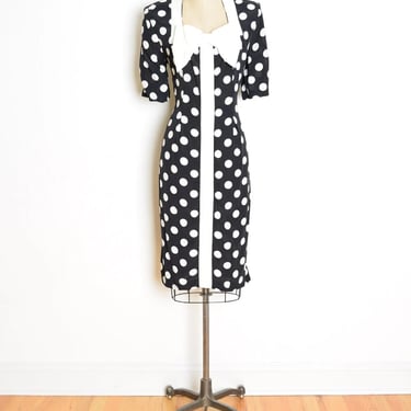 vintage 80s dress black white polka dot print big bow secretary midi dress L clothing 