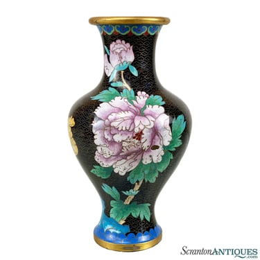 Vintage Chinese Cloisonne Brass & Enamel Black Floral Vase