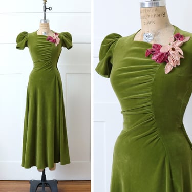 vintage 1930s velveteen gown • stunning bright green full length dress with pink floral corsage 