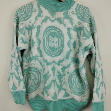 M 90s Cheryl Sparkle Pastel Teal Abstract Ripple Art Knit Sweater Acrylic 1990s 1980s Medium Ski Outdoors Layering Fall Autumn 