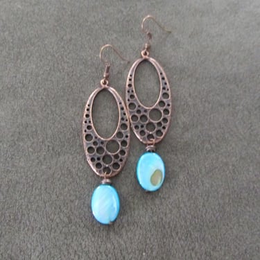 Aqua blue and copper midcentury modern mother of pearl shell earrings 