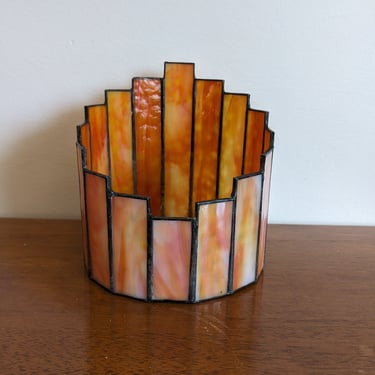 Orange Stained Glass Art Deco Skyline Centerpiece Candle Holder 