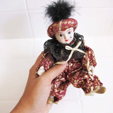 Vintage 80s Harlequin Pierrot Baby Clown Doll - Small 1980s Black White Burgundy  Porcelain Clown Doll - 80s Home Decor 