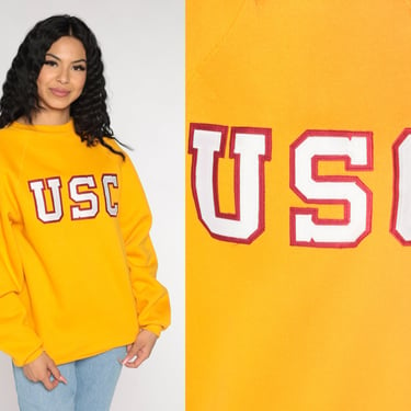 USC Sweatshirt 90s University Shirt Yellow Trojans LA Southern California Graphic College Sweater Raglan Sleeve Vintage 1990s Medium Large 