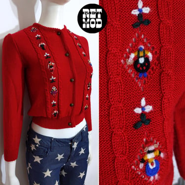 So Cute Vintage 70s 80s Red Cardigan with Little Embroidered People 