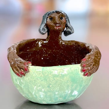VINTAGE: Studio Pottery Lady Dish - Jewelry Holder - Trinket - Ceramic - Handcrafted 