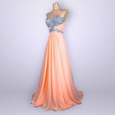 VINTAGE 90s 2000s Peach Chiffon Strapless Goddess Gown by Cache Sz 4 | 1990s Y2K Embellished Formal Dress| VFG 
