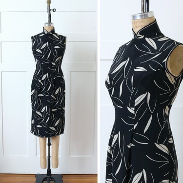 vintage 1950s silk cheongsam dress • black & white bamboo leaf print sleeveless dress 