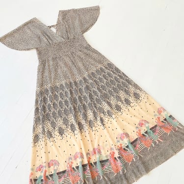 1970s Chiffon Botanical + Goddess Print Flutter Sleeve Dress 
