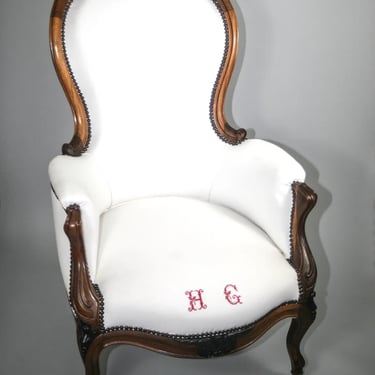 LOUIS PHILIPPE  pair of FRENCH  ARMCHAIRS BERGERE 19th solid mahogany linen