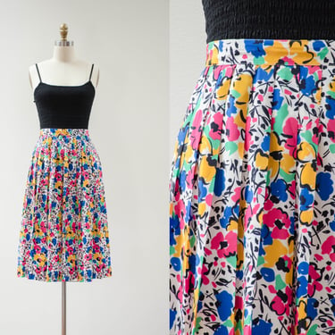neon floral skirt | 80s vintage bright white rainbow abstract floral pleated knee length skirt 