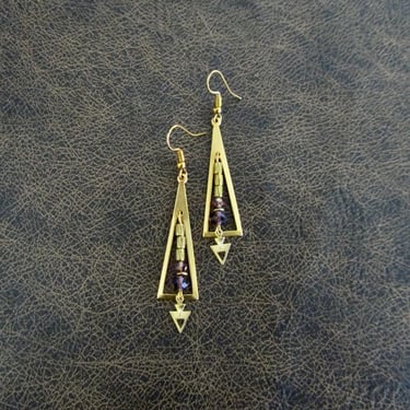 Brass chandelier earrings, boho geometric dangle earrings, gypsy earrings, unique earrings, bohemian, rustic earrings, purple crystal 