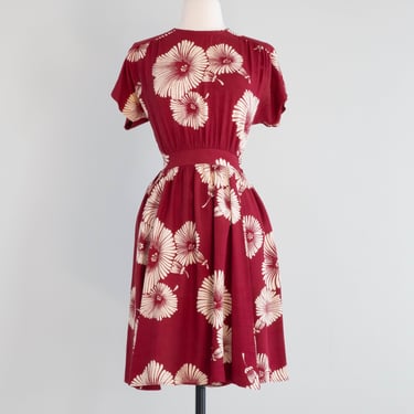 Beautiful 1930's Crimson Red Rayon Hibiscus Print Dress / Small