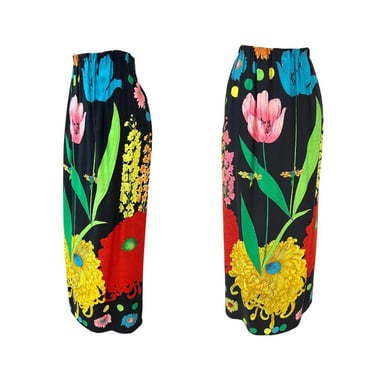 Vtg 70s Alice Hawaiian Dayglo Era Spider Lilly Print Blue Floral Maxi Skirt 