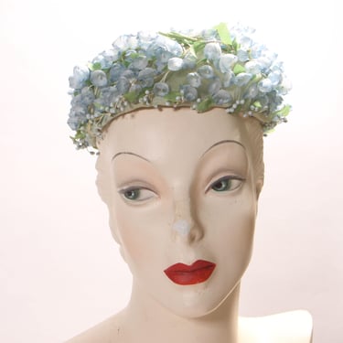 1950s Blue and Green Floral Flower Covered Formal Pillbox Hat by Montaldo’s 