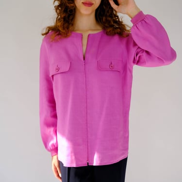 Vintage 80s Valentino Rouge Pink Linen Zip Up Blouse w/ Convertible Button Pockets | Made in Italy | 100% Linen | 1980s Designer Jacket Top 
