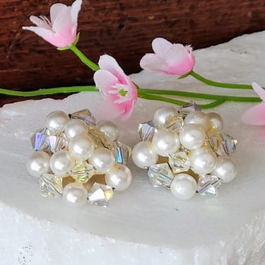 Vintage Pearl Clip on Earrings~Faux White Pearls & AB Rhinestones~Gifts for Her 