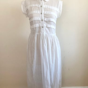 Sheer White Cotton Lawn Dress with Glass Buttons - 1940s 