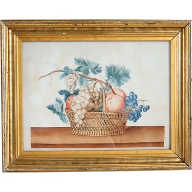 1820's Antique American New England Watercolor Painting on Paper Theorem, Fruit Basket Framed Art 