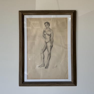 1970's  James Battle " Standing Figure"  Charcoal on Paper Drawing 