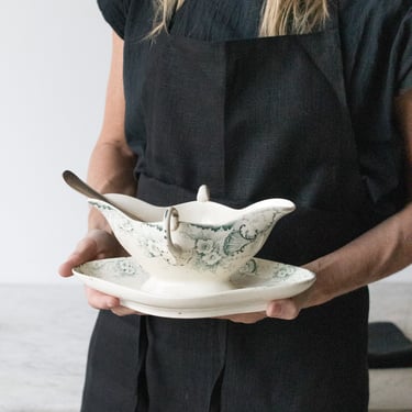 Linen Apron, Ironstone Gravy boat & Silver Ladle