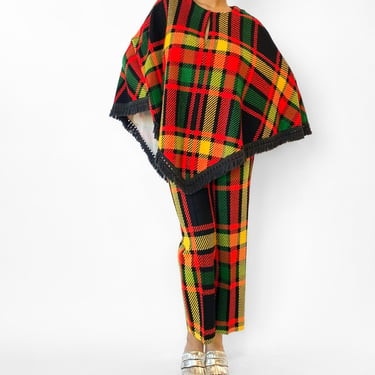 1960s Rare Bright Plaid Poncho &amp; Pants Set, sz. S