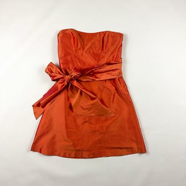 y2k Jenny Yoo Orange Iridescent Raw Silk Tube Dress / Sash Wrap At Waist / Pink / Size 12 / Large / Strapless / 00s / Bright / Shiny / Bold 