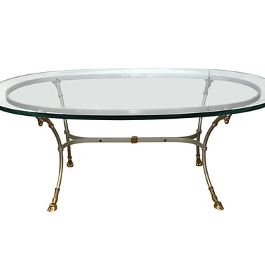 Neoclassical Style Hollywood Regency Brushed Steel & Brass Oval Coffee Table