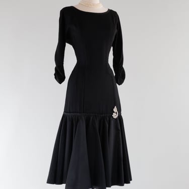 Fabulous 1950's Black Hourglass Cocktail Dress With Flared Skirt / Medium
