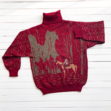 red wool sweater 80s 90s vintage Tricots St. Raphael horse equestrian turtleneck sweater 