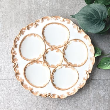 Antique Haviland Limoges France Porcelain Oyster Plate Platter Serving Dish with Gold Encrusted Trim Gilding/ Collectible/ Circa 1900s 