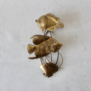 John Bergasse Style Brutalist Brass Fish Seashell Wall Sculpture Vintage 