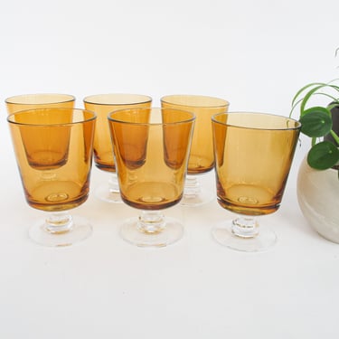 Set of 6 Stemmed Amber and Clear Glasses Made in Poland 