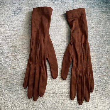 Antique Edwardian silk gloves, milk chocolate brown, elegant jacquard stripe, small size 6 