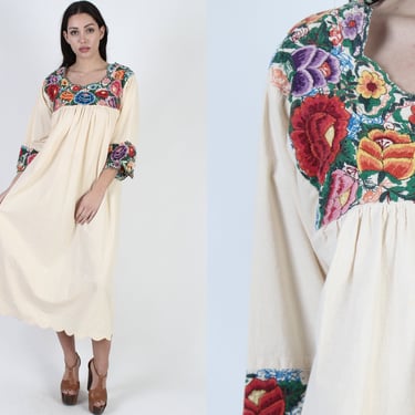 70s Floral Hand Embroidered Mexican Dress, Large Fiesta Country Caftan Maxi 