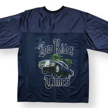 Vintage 90s Lowrider Times Double Sided Chicano Made in USA Navy Blue Mesh Jersey Size XL 