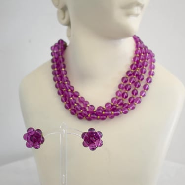 1960s Purple Bead Necklace and Clip Earrings Set 